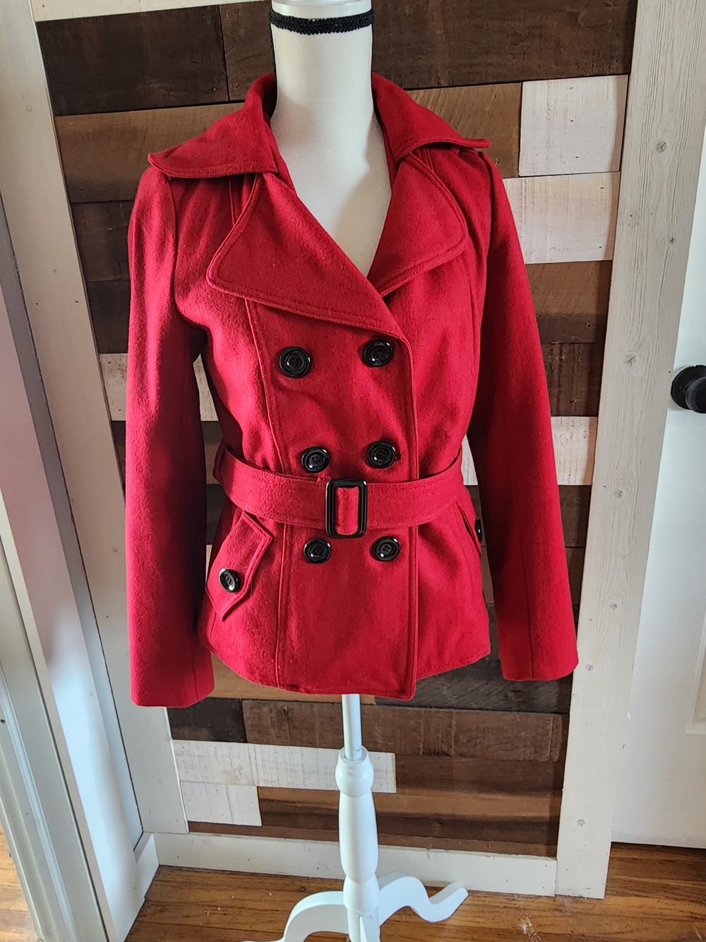 Forever 21 Red Double-Breasted Belted Peacoat